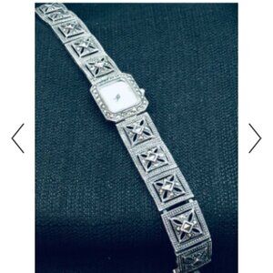 Sterling Silver 925 Ladies Marcasite Watch Bracelet AS IS Needs Battery Vtg Deco